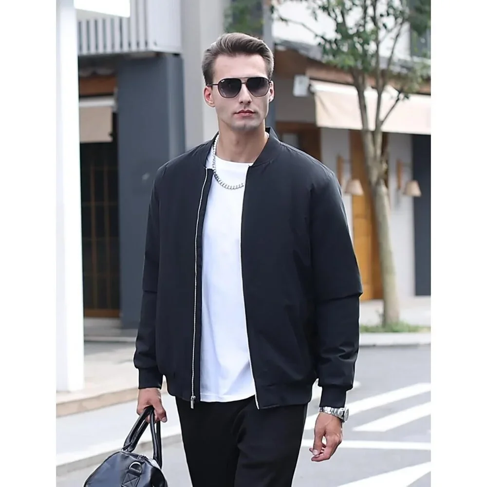 Men's Navy Zipper Spring Windproof Water Resistant Winter Warm Bomber Jacket - Picture 2 of 7